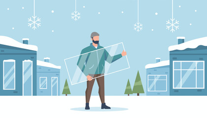 Man holding window glass for installation outside snowcovered houses Energy saving illustration