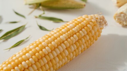 Close-up of yellow corn on the cob with green husk leaves in the background.