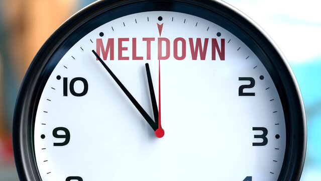 Meltdown that is going to happen soon. Incoming meltdown, approaching in the near future. Meltdown almost here, in a short time - a clock symbolizes a reminder that meltdown is near. ,3d illustration