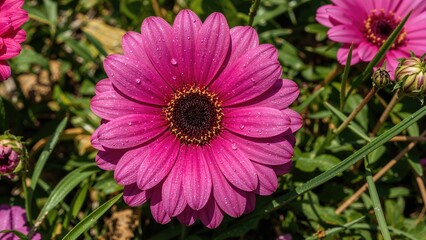 Pink flower with dew drops, surrounded by green leaves.