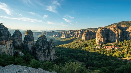 Breathtaking landscape of rock formations and lush green forest in Meteora, Greece, with clear blue sky and distant mountains.