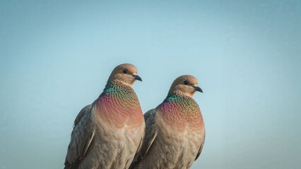 Two pigeons with iridescent necks against a light blue background.