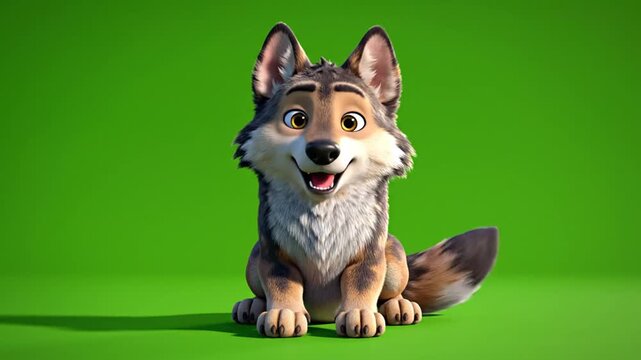 Adorable Animated Wolf Pup Character Smiling on Green Screen Background