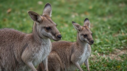 Fototapeta premium Two young kangaroos in a grassy field.