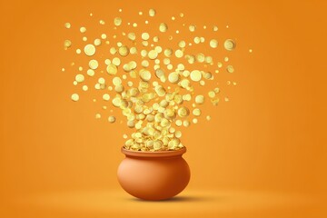 Gold coins bursting from a pot against an orange background
