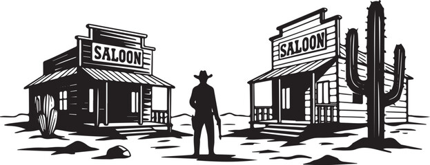 Stylized rendition of a Wild West showdown silhouette in black a