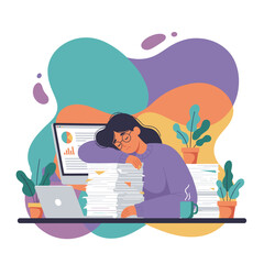 Overworked woman sleeping on a huge pile of documents Stress and professional burnout concept