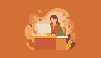 Woman working on a computer at her desk surrounded by autumn leaves Fall season business illustration