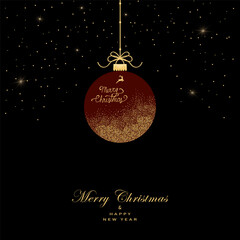 Greeting card with christmas ball made from golden glitter on black background.New year them. Vector illustration