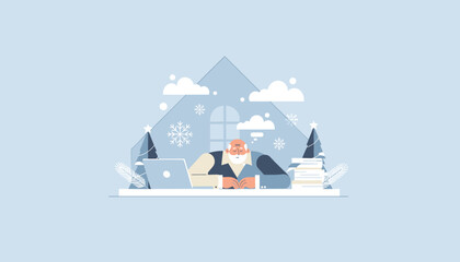 Senior man resting at desk with laptop during peaceful winter break Cozy holiday work illustration