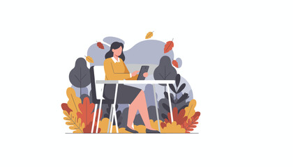 Woman working remotely outdoors in an autumn park using a mobile device Remote work and seasonal concept