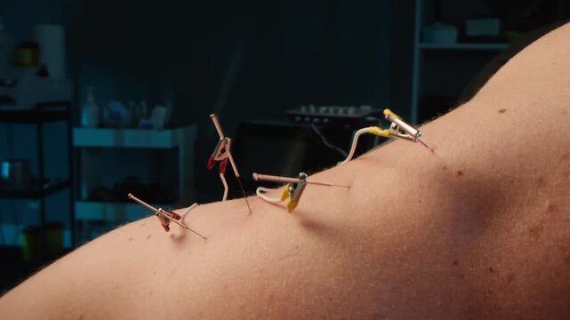 Chinese acupuncture needles, Adult male physiotherapist is doing acupuncture on the body back of a male patient. Patient is lying down on a bed, chinese sport medicine.