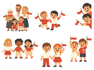 Cute flat illustration of children and families celebrating with red and white flags, symbolizing unity, joy, and national pride during a festive or patriotic event.