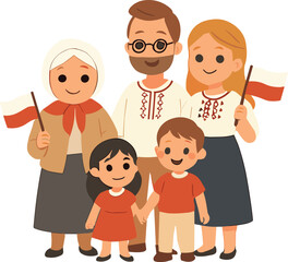 Happy family in traditional clothing holding red and white flags, smiling together and celebrating unity and heritage.