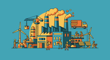 Industrial manufacturing complex with workers logistics and renewable energy integration