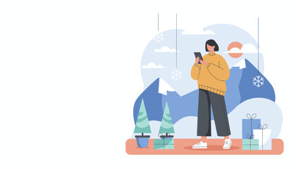Woman in sweater texting in snowy mountains scene with Christmas trees and gifts