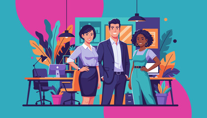 Professional diverse business team standing in a vibrant modern office environment Cooperation and success