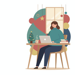 Young woman remote working on laptop at a festive winter desk with coffee and books