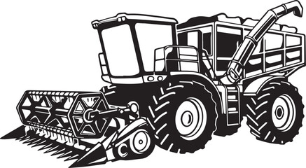 Detailed vector illustration of a farm harvester in black and wh