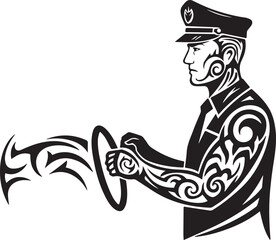 Monochrome Illustration of a Tribal Tattooed Driver Steering a V