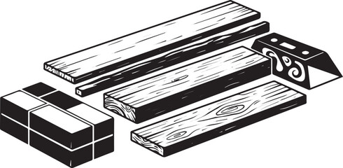 Stylized Black and White Illustration of Wood Planks and Buildin