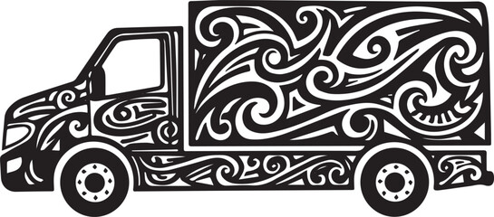Stylized delivery truck with intricate tribal tattoo inspired or