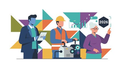 Diverse team planning business strategy for 2026 integrating technology industry and management