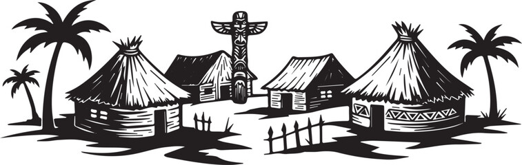 Monochrome illustration of a tribal village with huts, totem pol