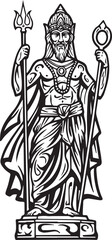 Monochrome depiction of a deity-like figure holding symbolic sta