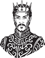 Monochrome illustration of a regal sovereign with ornate tribal