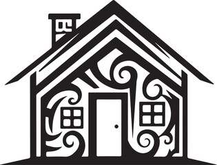 Stylized home design with swirling patterns and architectural st