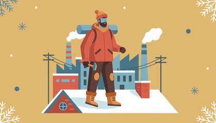 Rugged worker walks through a snowy industrial town carrying an axe and backpack Winter vector illustration
