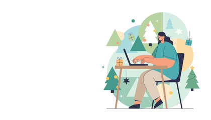 Young woman works remotely on laptop amidst colorful modern Christmas holiday decorations