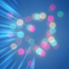 Abstract blue background with vibrant colorful bokeh lights and dynamic light rays creating a festive and dreamy atmosphere for design projects