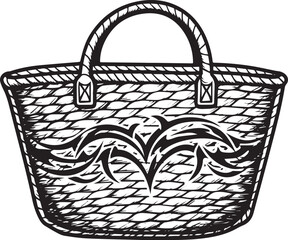 Intricate straw tote illustration with tribal tattoo art accents