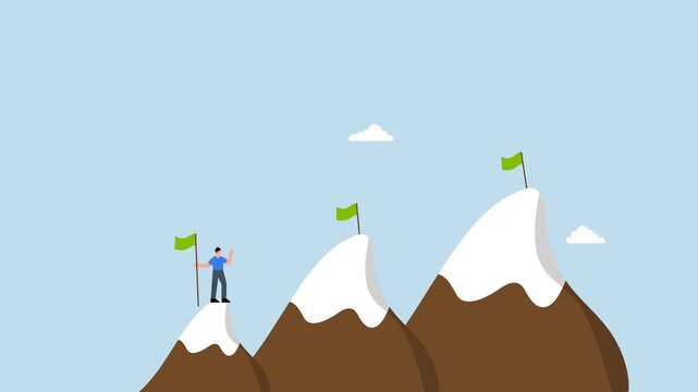 Ambition to success and achieve target, driven entrepreneur ascends mountain summit intending to reach greater goals