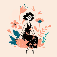 Serene Woman in Floral Illustration, Flat Design