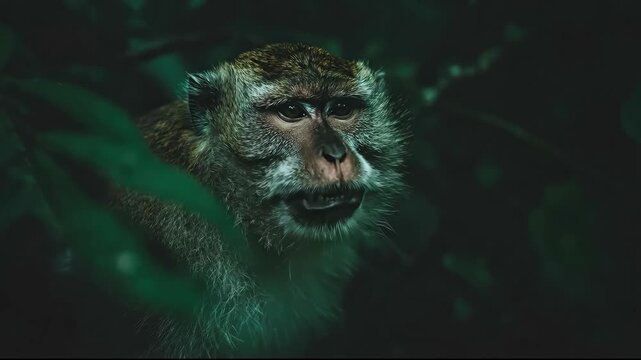 Close up of a Wild Macaque Monkey Baring Its Teeth in the Lush Green Jungle