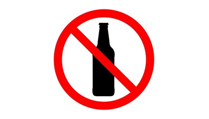 Black bottle silhouette inside red circle with diagonal slash, symbolizing prohibition of alcohol.