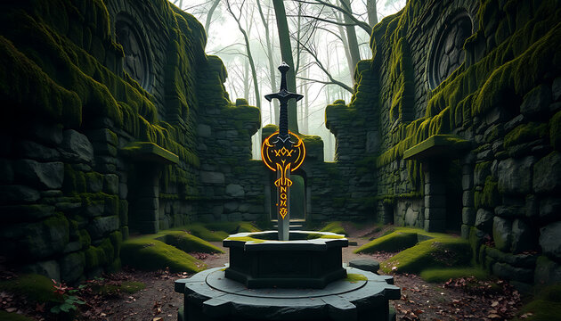 Mystical Glowing Sword Embedded in Stone Pedestal Amidst Ancient Moss Covered Ruins in a Foggy Forest