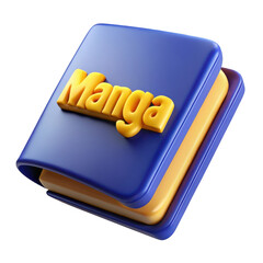 3d blue manga book with yellow title isolated on transparent background
