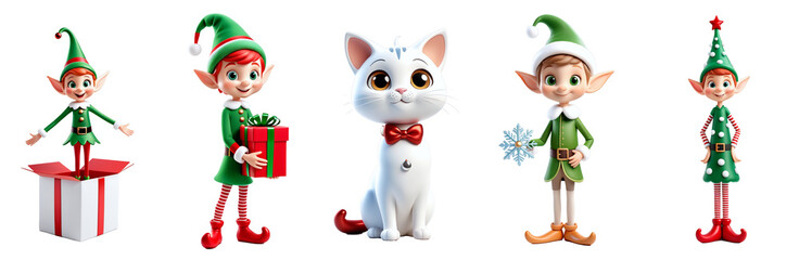 A set of cheerful Christmas elf characters in vibrant costumes, featuring playful poses and a charming cat, perfect for holiday-themed projects and decorations