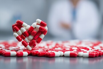 Healthcare action heart-shaped red and white capsules laboratory setting close-up photography emphasizing pharmacy innovation