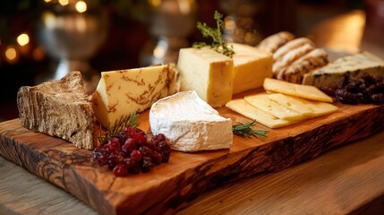 A wooden board displays various cheese types with accompaniments, festive atmosphere present