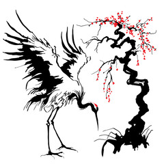 Crane and Japanese tree with red blossoms