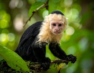 Fototapeta premium A capuchin monkey sits perched on a tree branch surrounded by green foliage