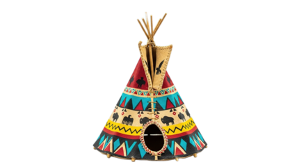 Decorative Native American Teepee Miniature Decorated with Buffalo Symbols and Vibrant Colors Isolated on Transparent Background