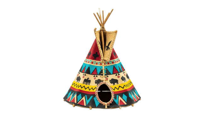 Decorative Native American Teepee Miniature Decorated with Buffalo Symbols and Vibrant Colors Isolated on Transparent Background