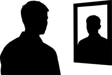 Man looking in mirror and seeing his own silhouette in reflection