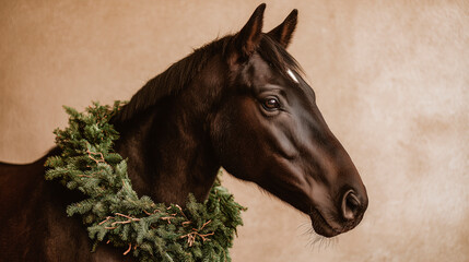 Black horse in profile wearing an evergreen wreath, a calm elegant studio portrait with soft beige background.